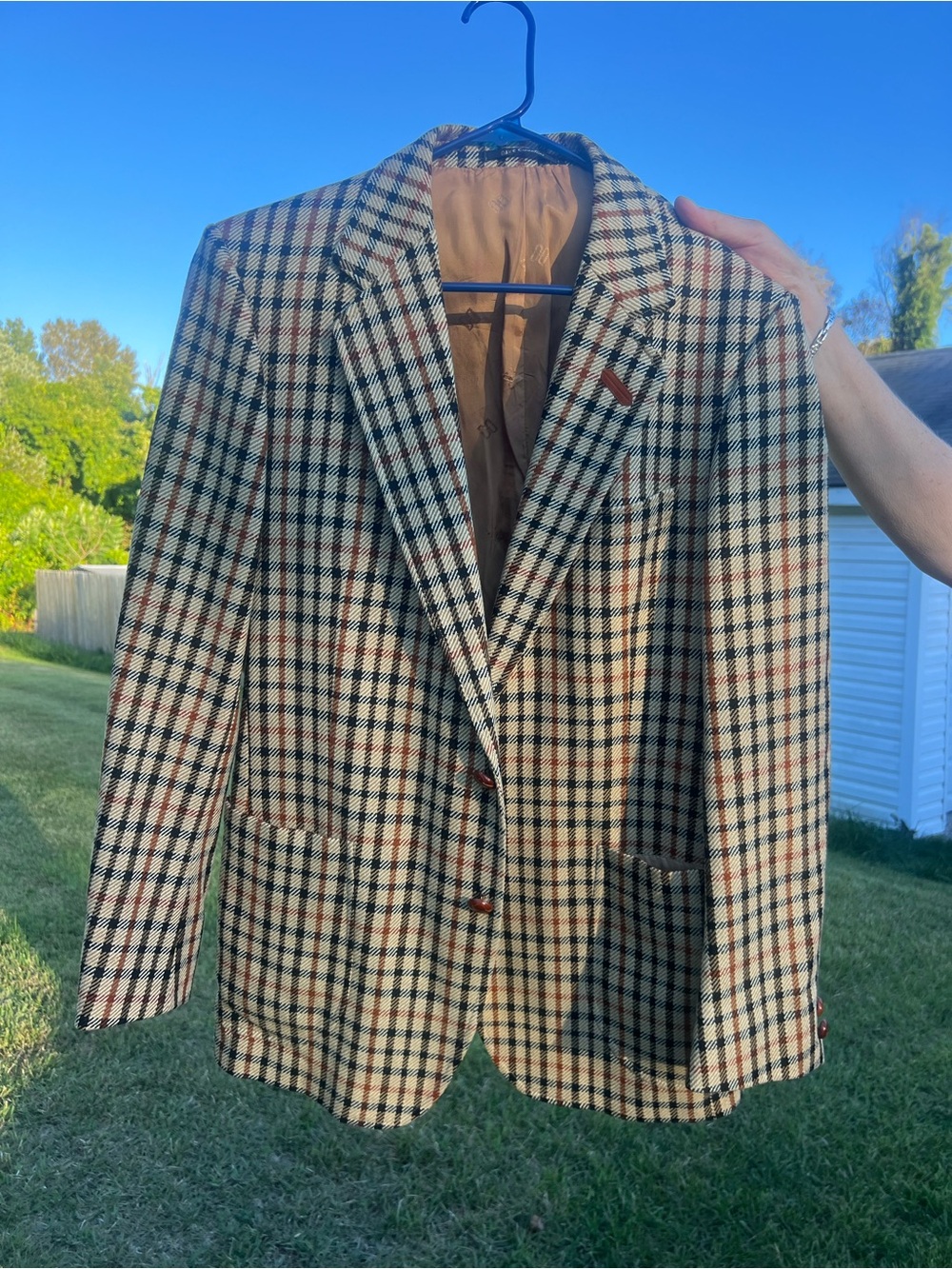 Vintage DAKS Signature Plaid Wool Blazer Jacket Suede Elbow Patches /Large